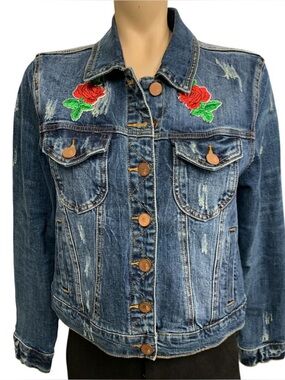 Ashley Mason Blue Denim Jacket with Red Rose Appliqué Size L